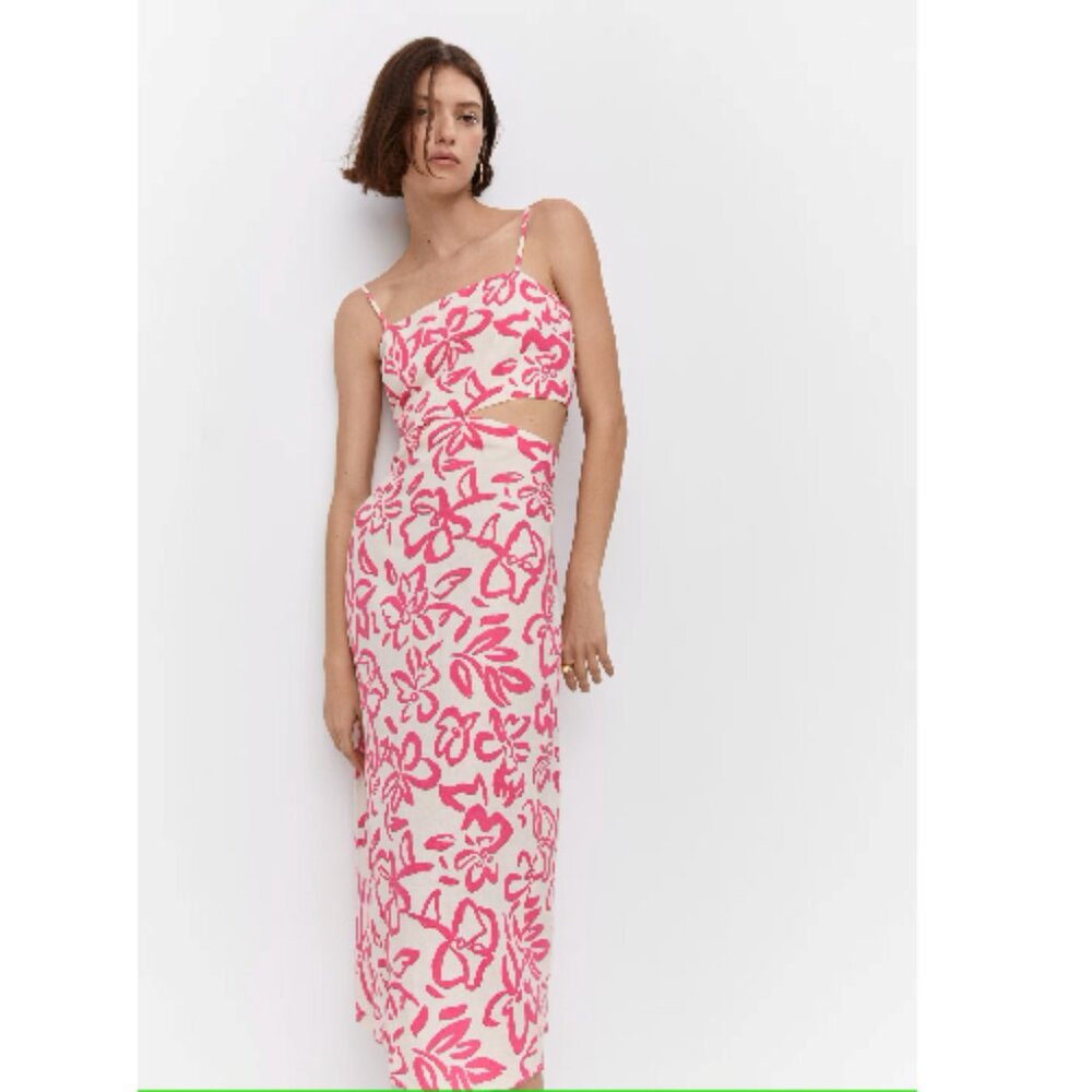 Mango MNG Linen Blend Floral Midi Dress Pink White Spring Summer Vacation Sz 10